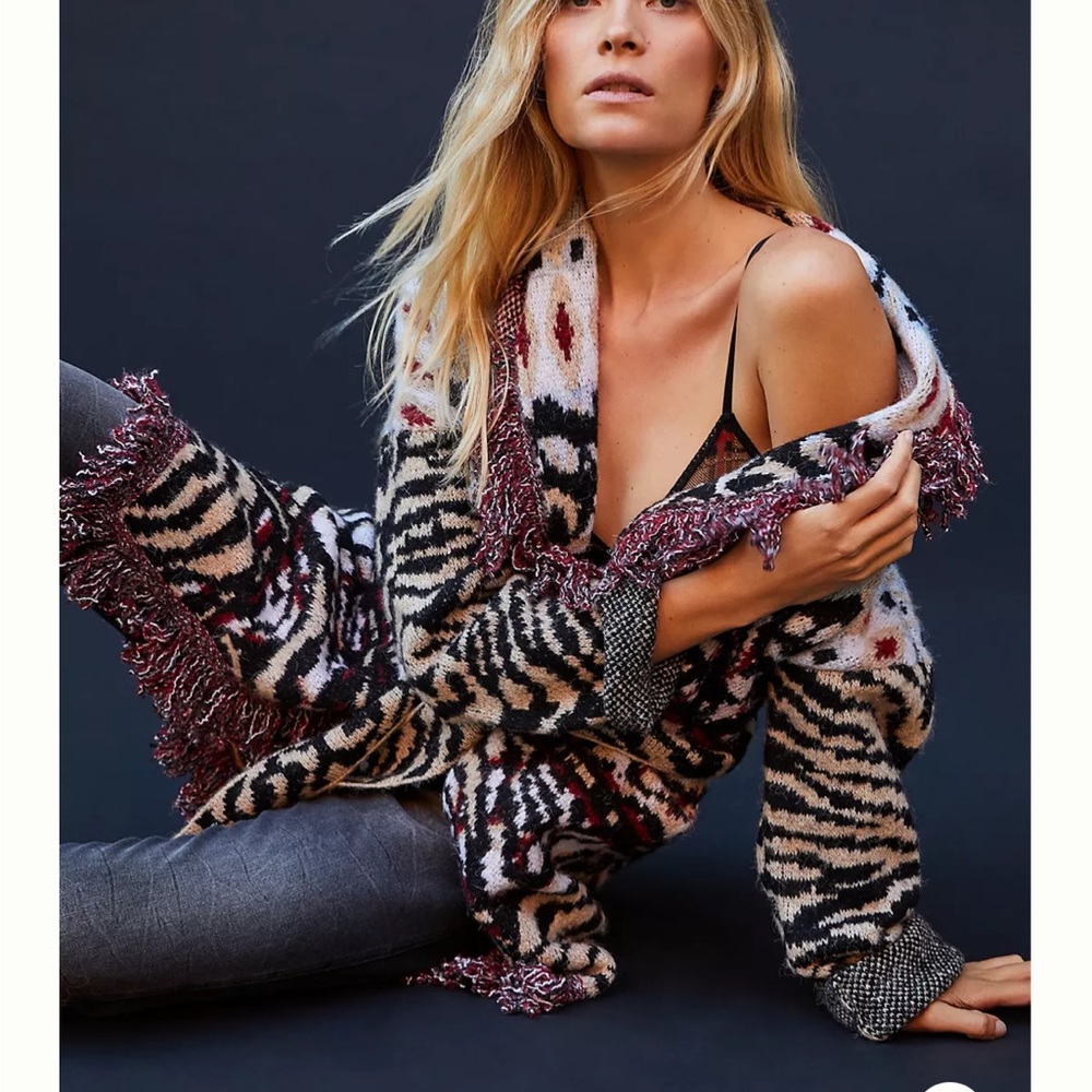 Anthropologie Paloma fringe cardigan animal print long cardigan M - Picture 1 of 9